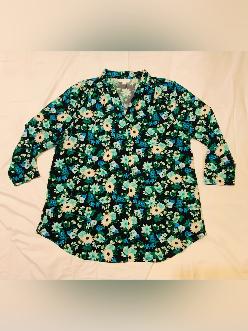 Charter Club Women’s Tunic Top XL floral Green Blue 3/4 Sleeve V Neck